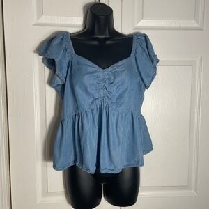 Lone Star Denim Shirt Women XL Blue Smocked Flutter Sleeves Milkmaid Babydoll
